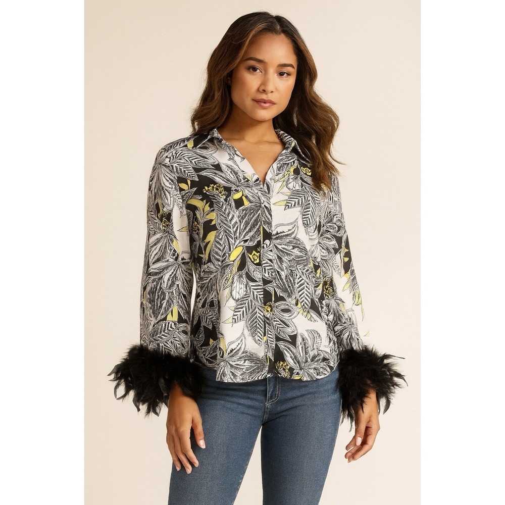 Women's Paisley Button-Up Floral Blouse Luxury Feathered Cuffs - Size M